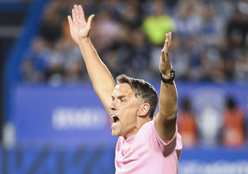 Inter Miami head coach Phil Neville reacts on the sideline during second-half MLS soccer match action against CF Montreal in Montreal, Saturday, May 27, 2023. (Graham Hughes/The Canadian Press via AP)