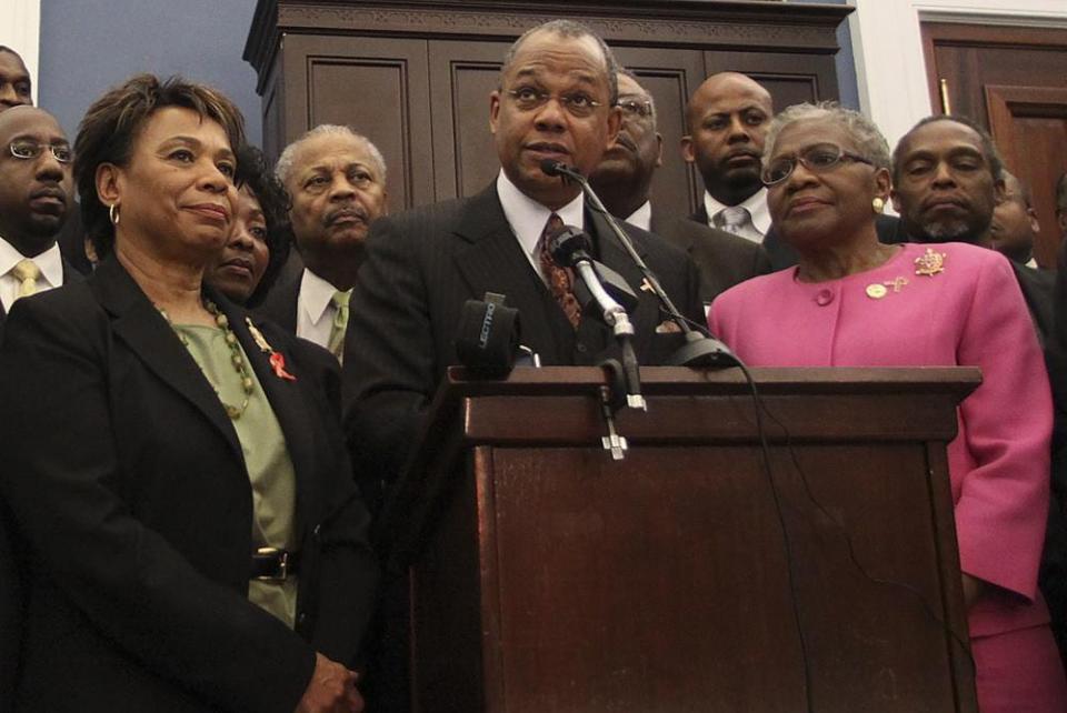 Rep. Barbara Lee, D-Calif., Rev. Calvin Butts, and Rep. Alcee Hastings, D-Fla., are joined at podium by other church and community leaders from New York, on Capitol Hill in Washington, Wednesday, March 17, 2010. (AP Photo/Lauren Victoria Burke, File)