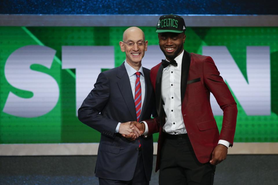 <p>NBA Commissioner Adam Silver, left, poses for a photo with Jaylen Brown after Brown was selected third overall by the Boston Celtics during the NBA basketball draft, Thursday, June 23, 2016, in New York. (AP Photo/Frank Franklin II) </p>