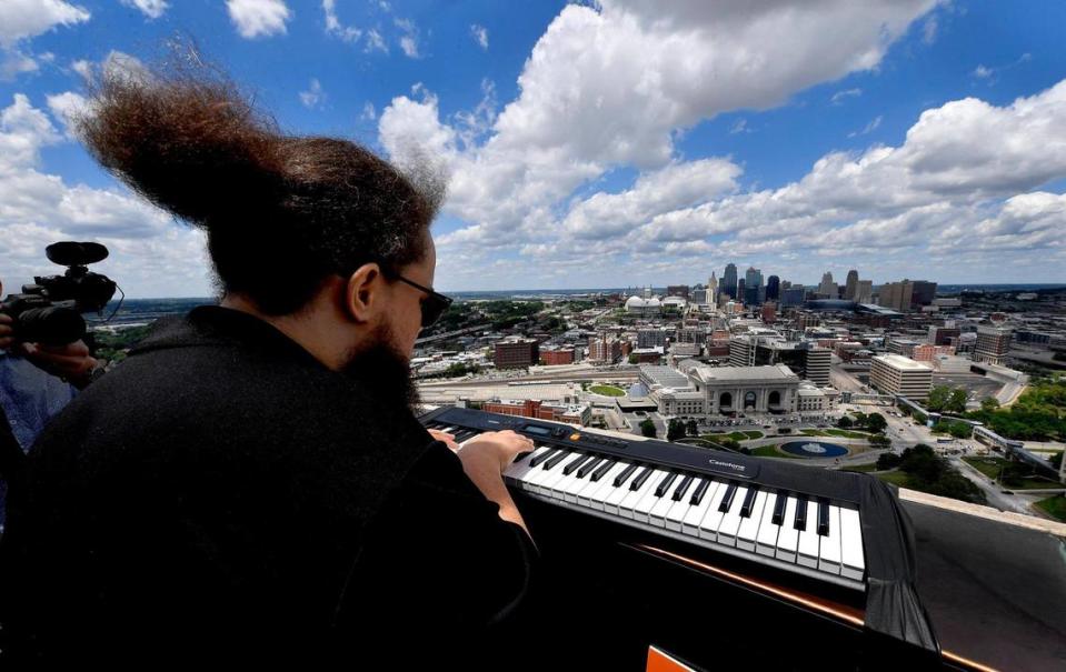 As part of Make Music Kansas City, a celebration of music, Desmond Mason of Kansas City, performed on his Casio keyboard atop the Liberty Memorial at the National World War I Museum on Monday in Kansas City. With over 70 free musical performances and events held city-wide, Kansas City made its’ debut on Make Music Day, an event held on the same day in more than 1,000 cities in 120 countries. The event originally launched in 1982 in France as the Fête de la Musique.