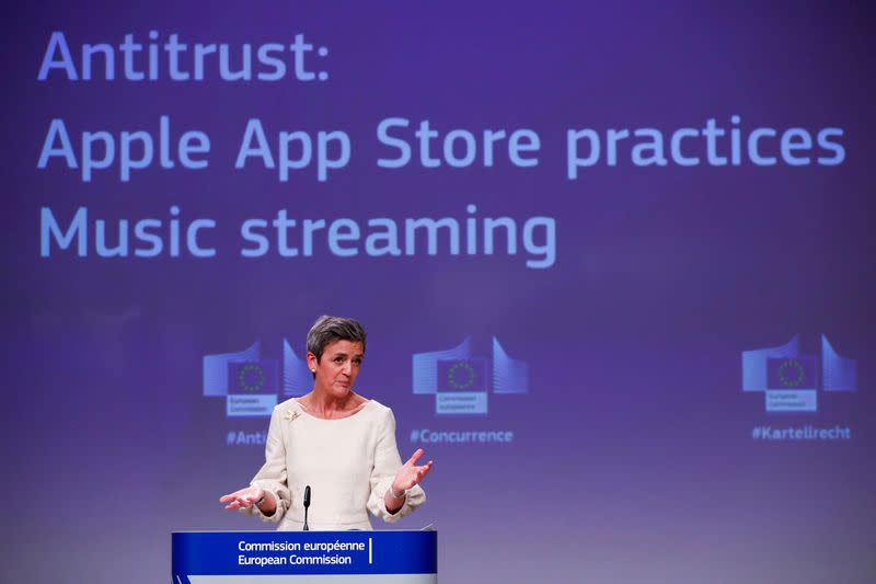 FILE PHOTO: EU's Vestager holds a news conference on Apple anti-trust complaint