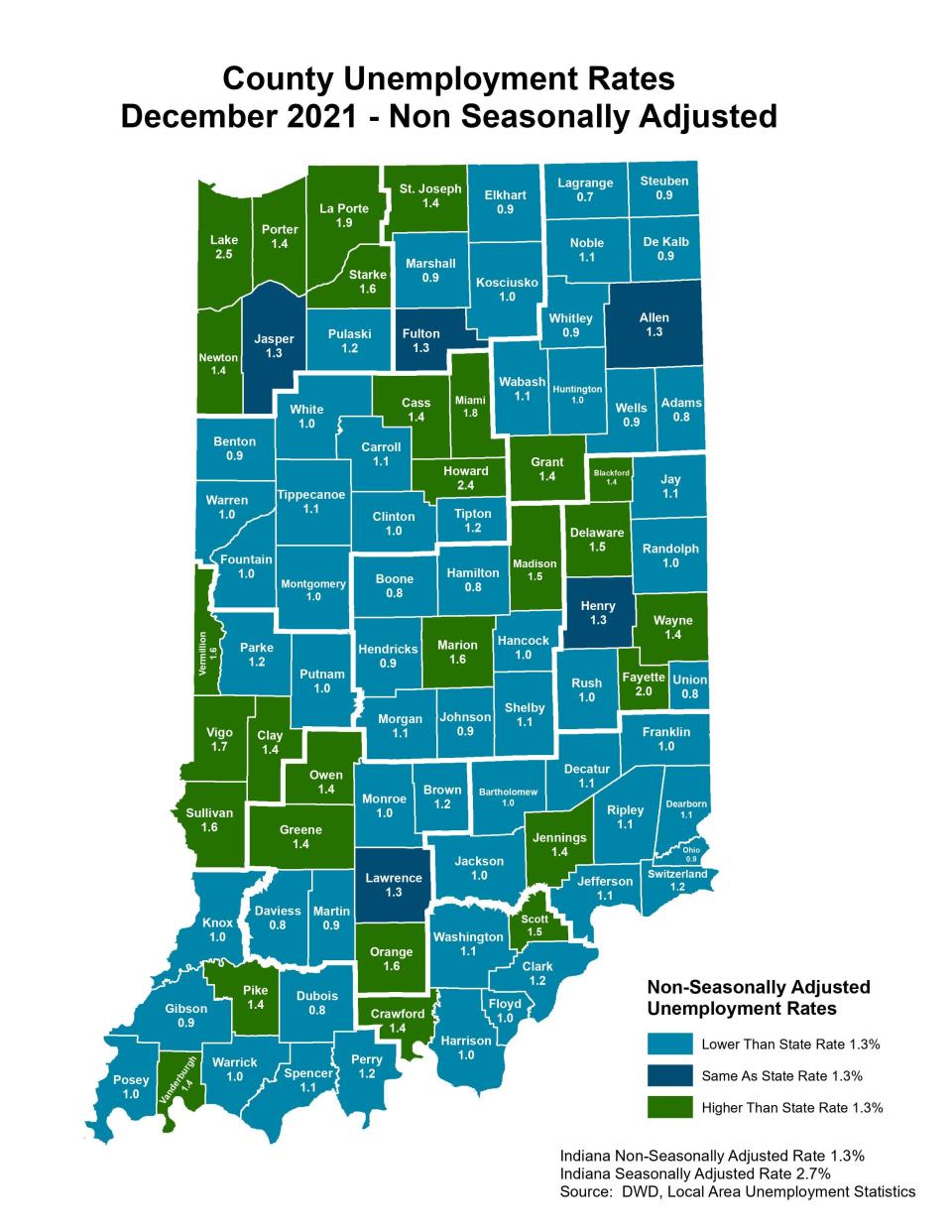 This map shows the non-seasonally adjusted unemployment rates for Indiana's 92 counties for the month of December 2021.