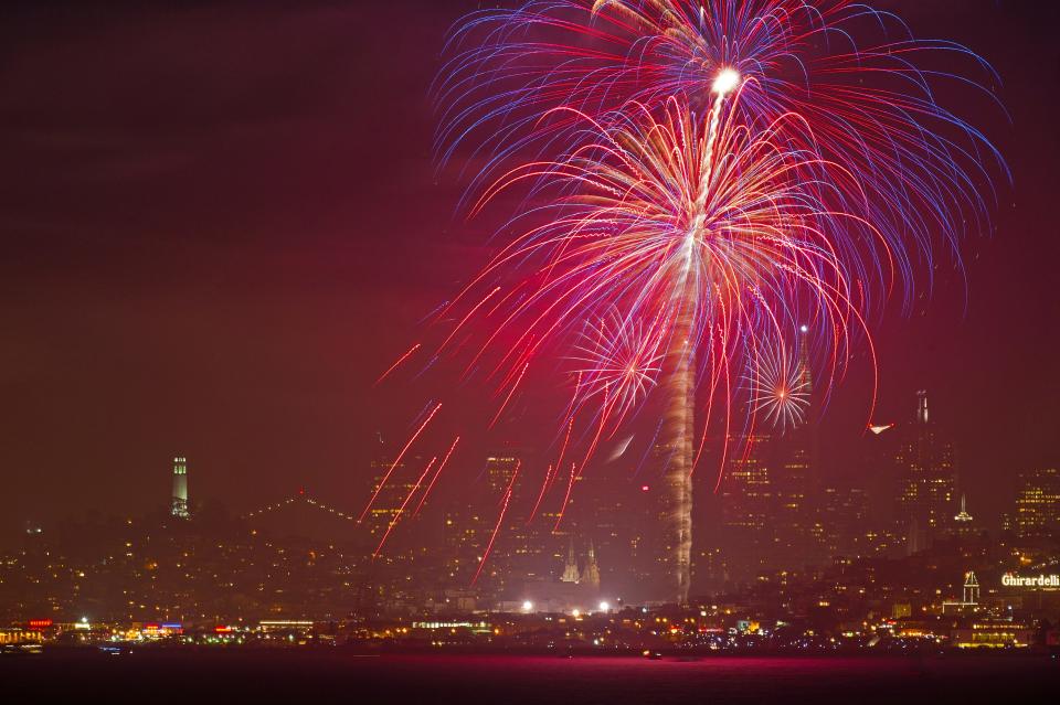 The July 4th celebratory fireworks explode over the San Francisco Bay with San Francisco in the background on July 4, 2011 in San Francisco, California.