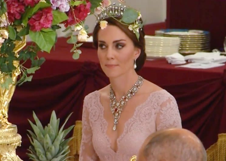 The Duchess of Cambridge competed with Queen Letizia of Spain at Wednesday night’s state banquet [Photo: AP]