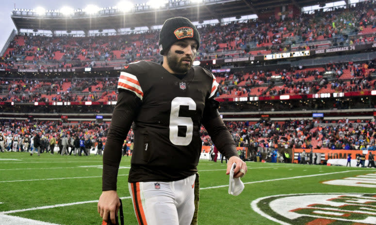 Cleveland Browns quarterback Baker Mayfield on the field.