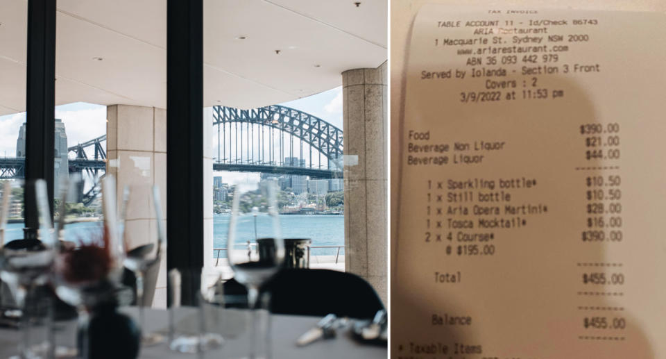 The inside of Aria restaurant in Sydney and the diner's bill.