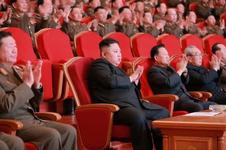 North Korean leader Kim Jong Un watches a performance given with splendor at the People's Theatre on Wednesday to mark the 70th anniversary of the founding of the State Merited Chorus in this photo released by North Korea's Korean Central News Agency (KCNA) in Pyongyang on February 23, 2017. KCNA/via REUTERS