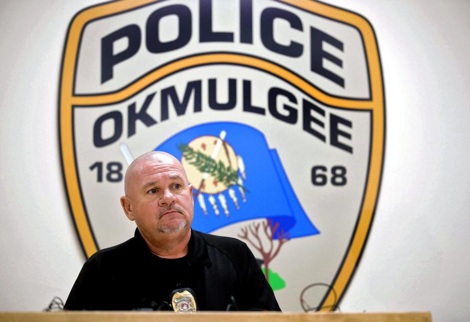 Joe Prentice, police chief for the city of Okmulgee speaks at a news conference on Wednesday, to give an update after seven bodies were found in Henryetta on Monday.