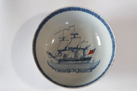A ship bowl, entitled 'Success to the Dobson", is seen at the International Slavery Museum in Liverpool