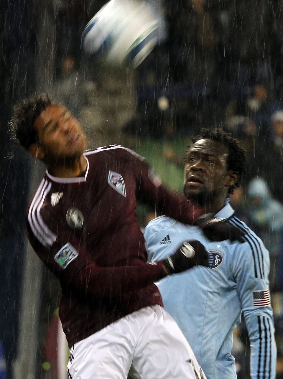 KANSAS CITY, KS - NOVEMBER 02: Kei Kamara #23 of Sporting Kansas City watches as Quincy Amarikwa #12 the Colorado Rapids heads the ball during the game on November 2, 2011 at LiveStrong Sporting Park in Kansas City, Kansas. (Photo by Jamie Squire/Getty Images)