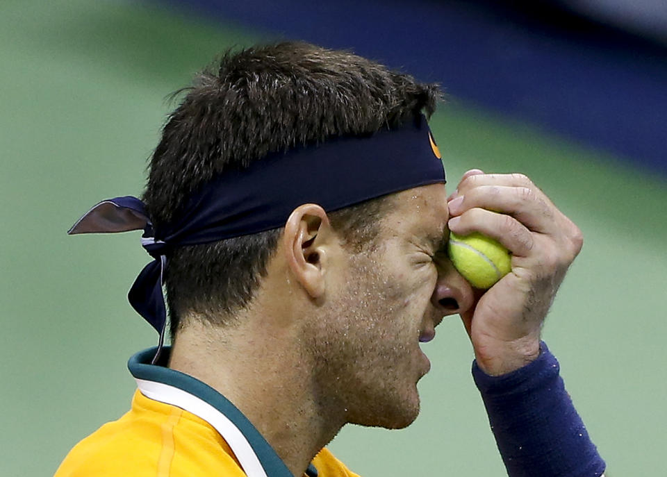 Juan Martin del Potro, of Argentina, reacts against Novak Djokovic, of Serbia, during the men's final of the U.S. Open tennis tournament, Sunday, Sept. 9, 2018, in New York. (AP Photo/Jason DeCrow)