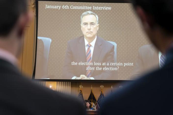 WASHINGTON, DC - JULY 12: Former White House Counsel Pat Cipollone is seen in a video interview during a House Select Committee to Investigate the January 6th Attack hearing in the Cannon House Office Building on Tuesday, July 12, 2022 in Washington, DC. The bipartisan Select Committee to Investigate the January 6th Attack On the United States Capitol has spent nearly a year conducting more than 1,000 interviews, reviewed more than 140,000 documents day of the attack. (Kent Nishimura / Los Angeles Times)