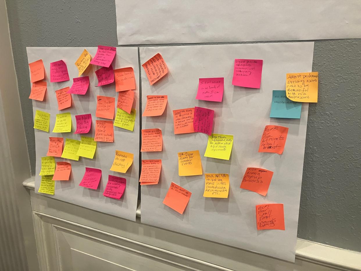 An example of post-it notes provided as public input during a recent open house on the future of the Civic Center site.