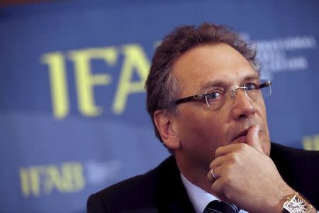 FIFA secretary general Jerome Valcke takes part in the Annual General Meeting (AGM) of the International Football Association Board (IFAB) being held in the Culloden Hotel near Belfast, Northern Ireland, in this February 28, 2015 file photo. REUTERS/Cathal McNaughton/Files