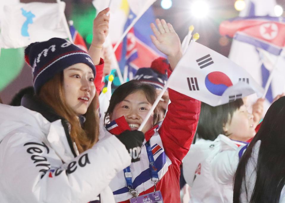 <p>Pyeongchang 2018 Winter Olympics – Closing ceremony – Pyeongchang Olympic Stadium – Pyeongchang, South Korea – February 25, 2018 – The delegation of the unified Korea team during the closing ceremony. REUTERS/Lucy Nicholson </p>