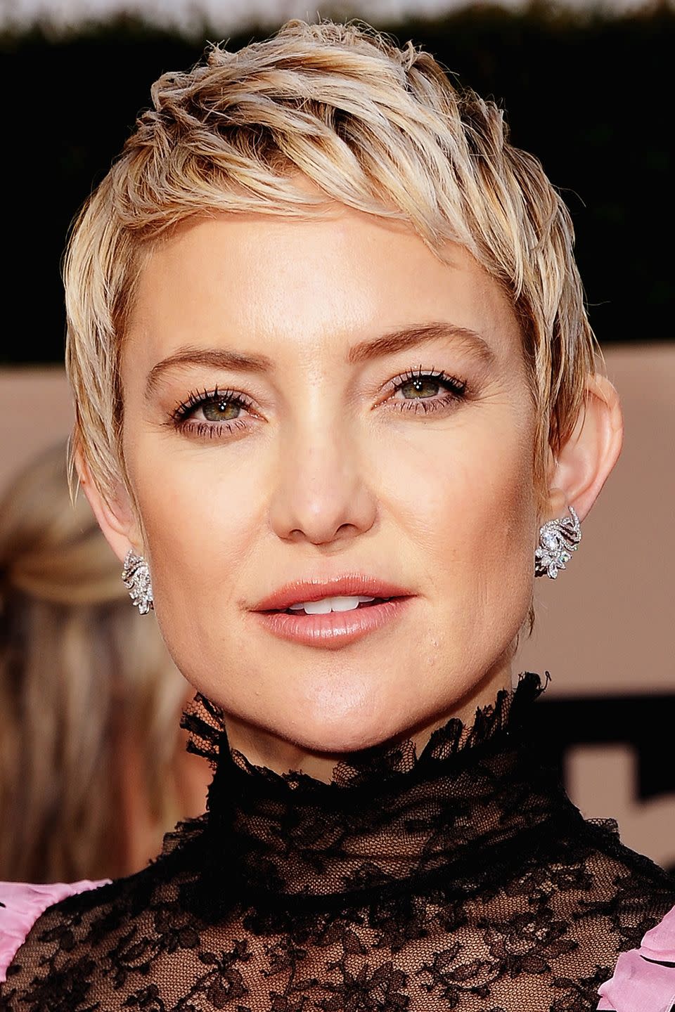 <p>Kate Hudson demonstrates how to gracefully grow a buzzcut into a pixie, with her blonde crop brushed forwards with piece-y texture.</p>