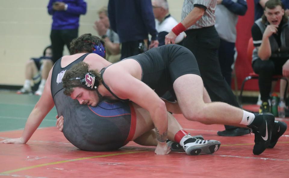 Perry 285 pounder Aidan Fockler pins Gage Counts of Marysville on Friday, Dec. 29, 2023, in Brecksville, Ohio, at Brecksville High SchoolÕs Brecksville Invitational Holiday Tournament. [Phil Masturzo/ Beacon Journal]
