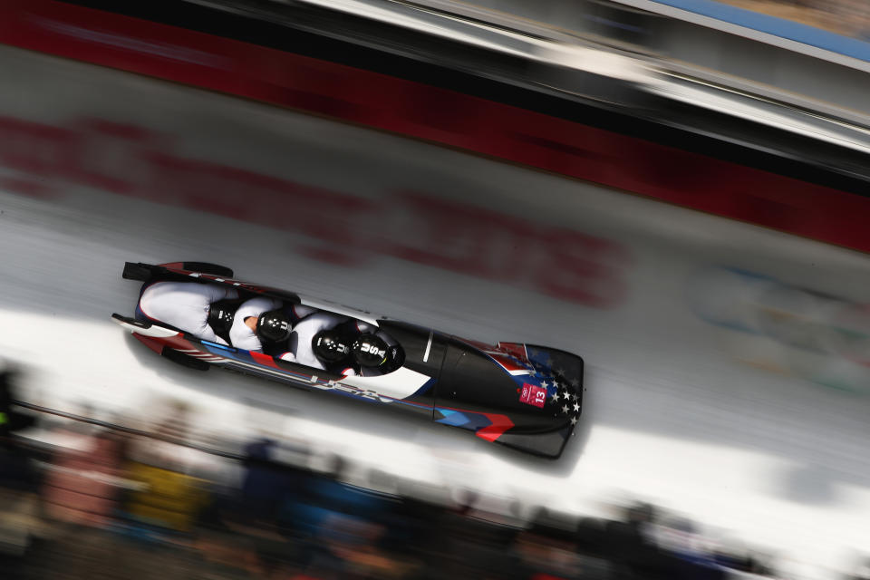 <p>FEBRUARY 25: Codie Bascue, Evan Weinstock, Steven Langton and Samuel McGuffie of the United States compete in their final run during the 4-man Boblseigh Heats on day sixteen of the PyeongChang 2018 Winter Olympic Games at Olympic Sliding Centre on February 25, 2018 in Pyeongchang-gun, South Korea. (Photo by Clive Mason/Getty Images) </p>