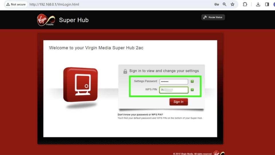 Screenshot showing Virgin Media Super Hubhome page