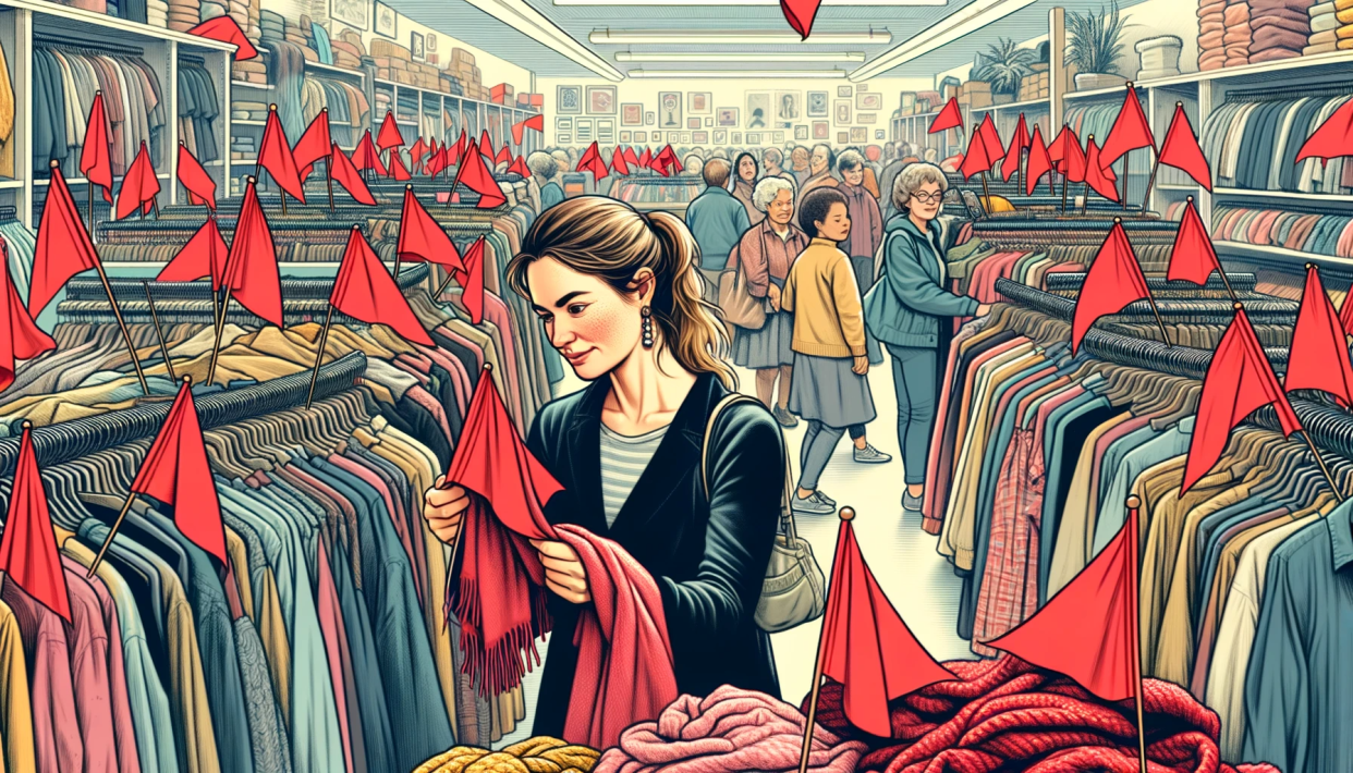 An AI-generated illustration showing a diverse scene inside a thrift store. In the foreground, a Caucasian woman is browsing through racks of vintage clothing. There are red flags scattered throughout the store.