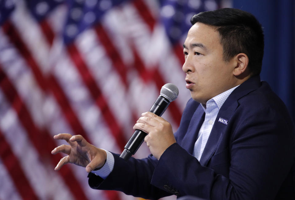 Democratic presidential candidate Andrew Yang speaks during a gun safety forum Wednesday, Oct. 2, 2019, in Las Vegas. (AP Photo/John Locher)