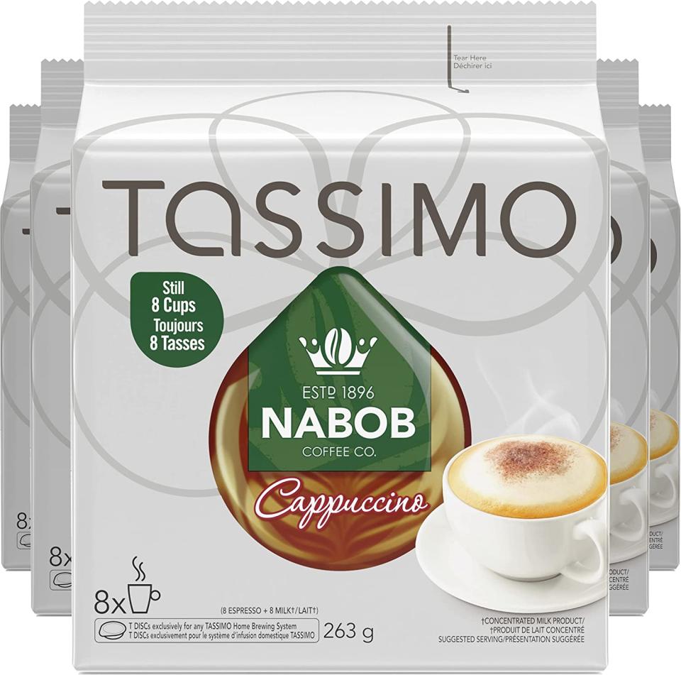 Tassimo Nabob Cappuccino Coffee Single Serve T-Discs, 263g (5 Boxes of 8 T-Discs). Image via Amazon.