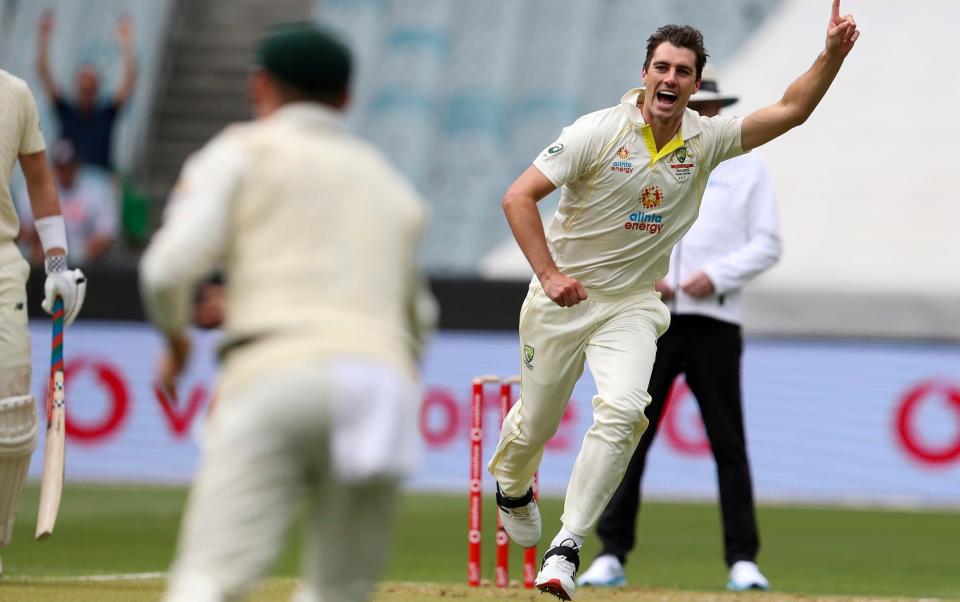 Pat Cummins claims the wicket of Haseeb Hameed for a duck - AP