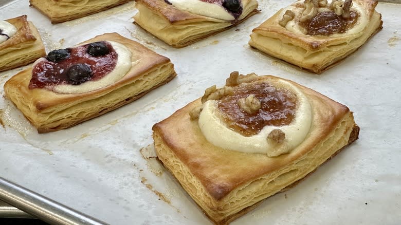 closeup baked golden danishes