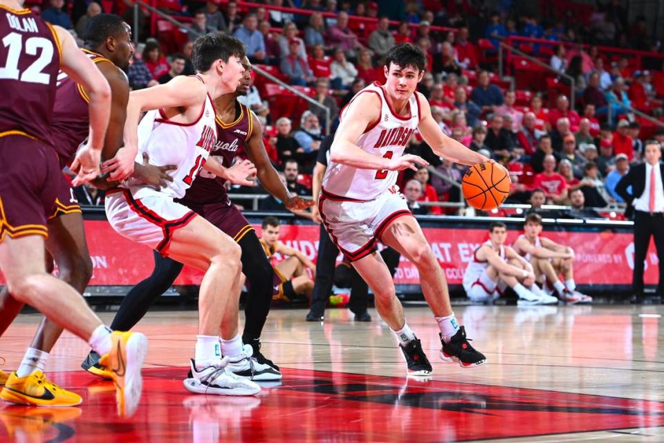 Davidson men’s basketball guard Bobby Durkin attacks the basket in the Wildcats’ 69-59 loss to Loyola Chicago in John M. Belk Arena on Tuesday, March 6, 2024. TIM COWIE/TIM COWIE