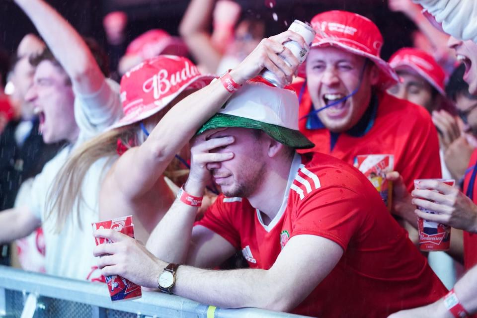 England fans celebrate next to a dejected Wales fan (PA Wire)