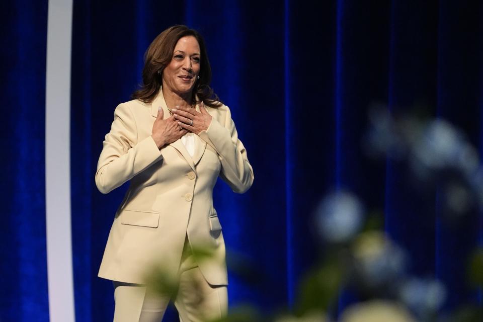 Vice President Kamala Harris is introduced during the Zeta Phi Beta Sorority, Inc.'s Grand Boulé, in Indianapolis, July 24, 2024. (AP Photo/Darron Cummings)