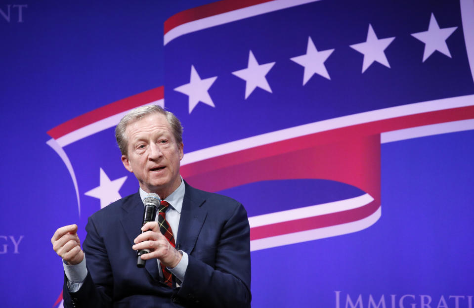 Democratic presidential candidate businessman Tom Steyer speaks at the LULAC Presidential Town Hall, Thursday, Feb. 13, 2020, in Las Vegas. (AP Photo/John Locher)