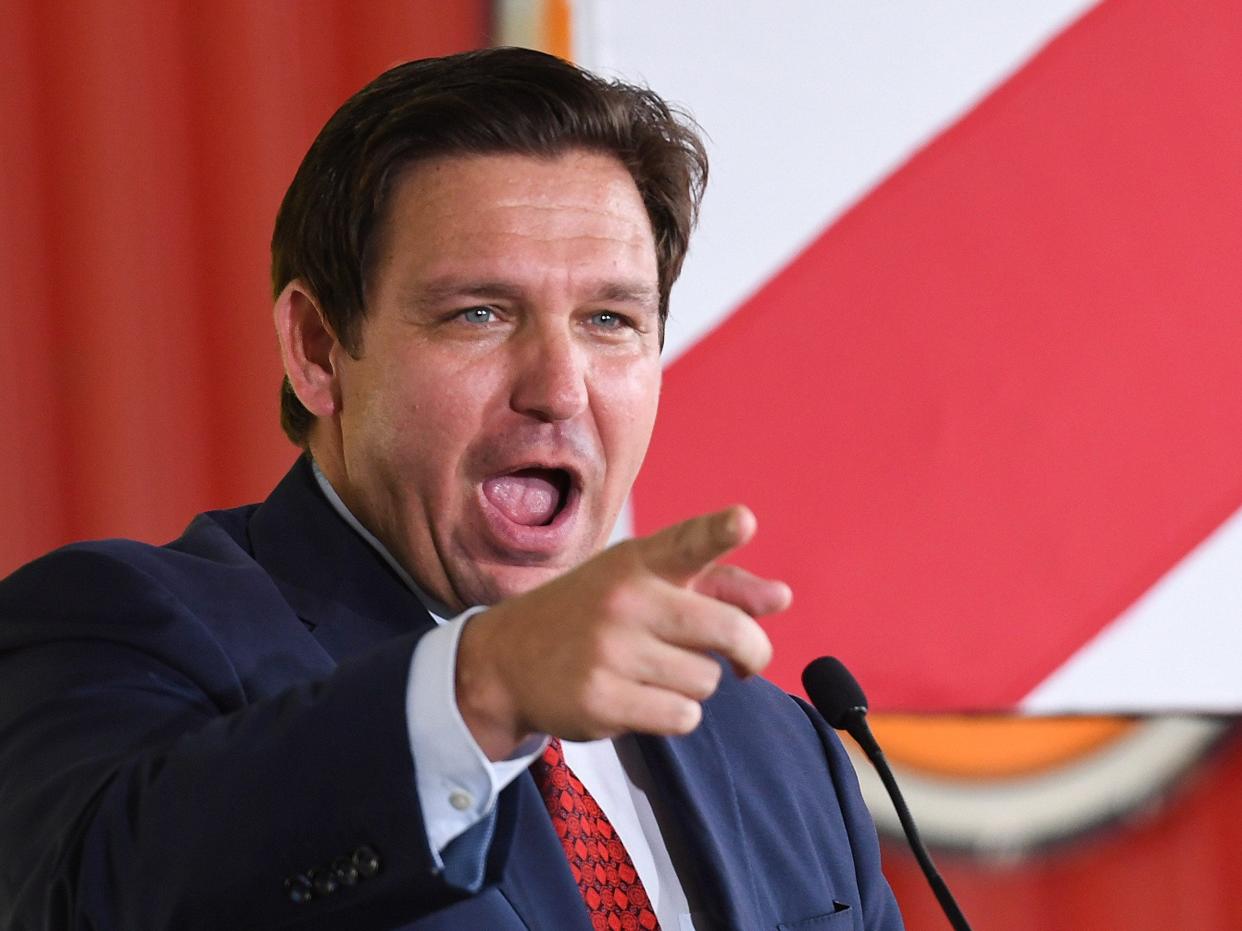 Florida Gov. Ron DeSantis speaks to supporters at a campaign stop on the Keep Florida Free Tour at the Horsepower Ranch in Geneva. DeSantis faces former Florida Gov. Charlie Crist for the general election for Florida Governor in November.