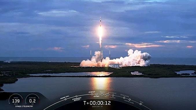 A SpaceX Falcon 9 rocket blasts off from Cape Canaveral Sunday evening, boosting an Argentine remote sensing satellite into an orbit around Earth's poles, the first such flight from Florida since 1969. / Credit: SpaceX