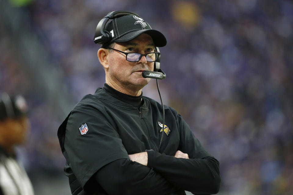 Minnesota Vikings head coach Mike Zimmer watches from the sideline during the first half of an NFL football game against the Detroit Lions, Sunday, Dec. 8, 2019, in Minneapolis. (AP Photo/Bruce Kluckhohn)