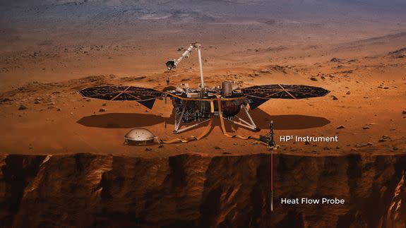 An artist's conception of the Mars InSight lander with its heat flow probe deployed.