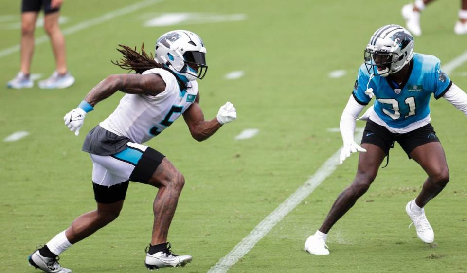 Carolina Panthers wide receiver, Laviska Shenault Jr., runs a play during a Training Camp practice on Saturday, July 29, 2023 at Gibbs Stadium. Sean McInnis/smcinnis@charlotteobserver.com