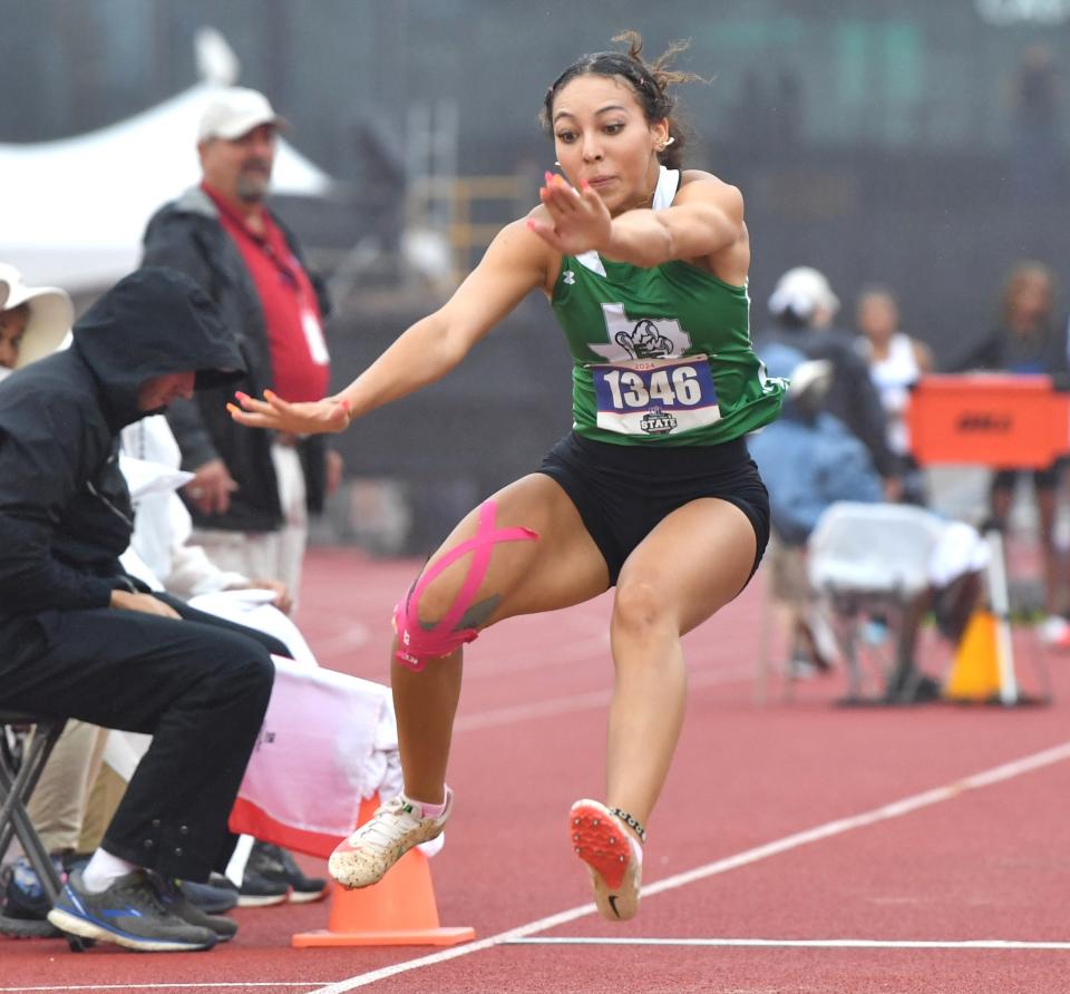 Eldorado's Logan Prater competes in the girls long jump during the Class 2A UIL State track and field meet on Friday, May 3, 2024 at Mike A. Myers Stadium in Austin.