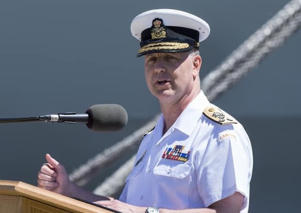 Admiral Art McDonald addresses the audience at a Royal Canadian Navy Change of Command ceremony in Halifax. (Andrew Vaughan/The Canadian Press - image credit)