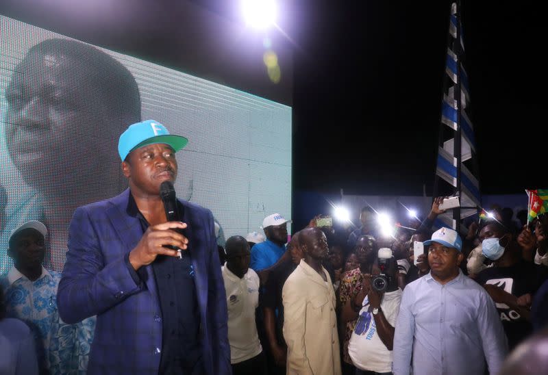 President Faure Gnassingbe and presidential candidate of UNIR (Union for the Republic), winner of the presidential election, speaks in front of his supporters at his headquater in Lome