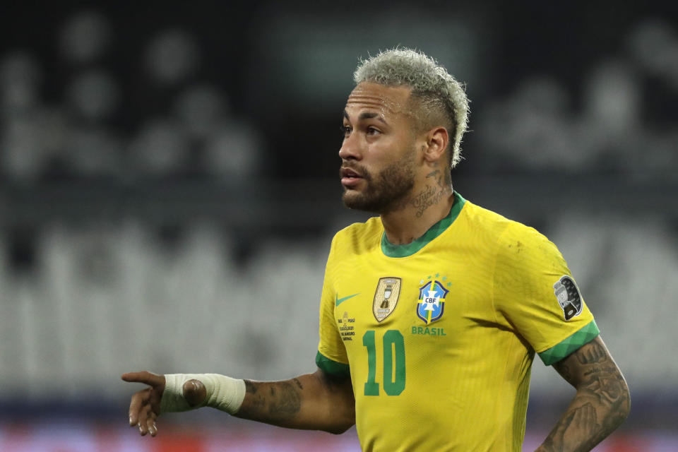 Brazil's Neymar reacts during a Copa America semifinal soccer match against Peru at the Nilton Santos stadium in Rio de Janeiro, Brazil, Monday, July 5, 2021. (AP Photo/Bruna Prado)