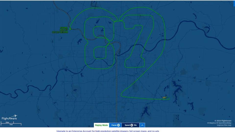 Mujahid Abdulrahim, an assistant professor at the University of Missouri—Kansas City took to the skies Wednesday night to show his support for the Kansas City Chiefs, tight end Travis Kelce and superstar singer Taylor Swift. Abdulrahim, who has been doing flight path skywriting for a few years, flew a path the replicates the Kelce’s jersey number (87) surrounded by a heart.