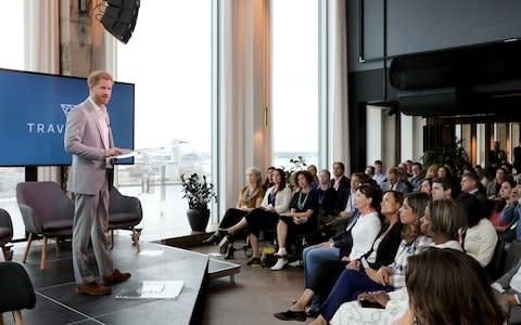 Prince Harry speaks to travel industry experts in Amsterdam - Credit: Getty