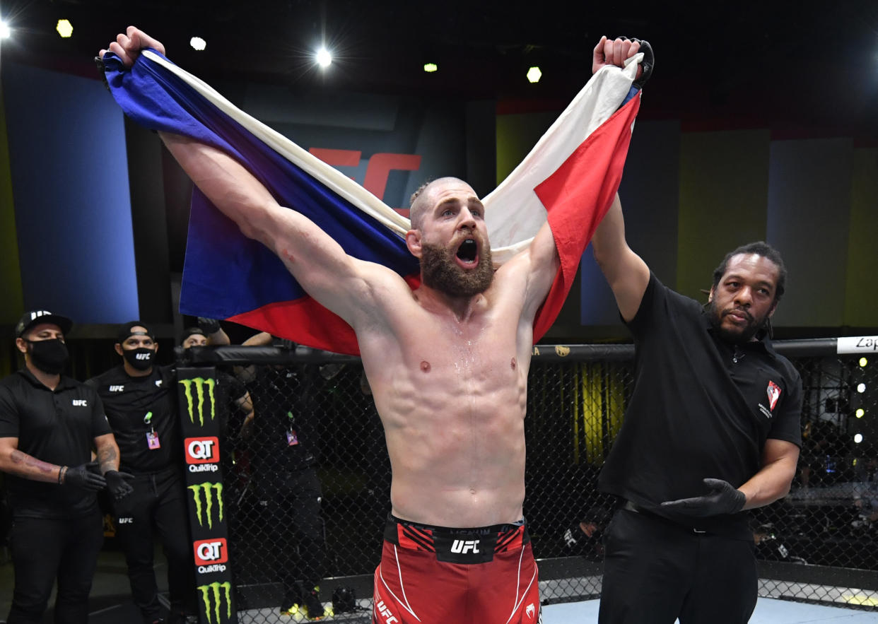 LAS VEGAS, NEVADA - MAY 01: Jiri Prochazka of the Czech Republic reacts after his knockout of Dominick Reyes in a light heavyweight bout during the UFC Fight Night event at UFC APEX on May 01, 2021 in Las Vegas, Nevada. (Photo by Jeff Bottari/Zuffa LLC)