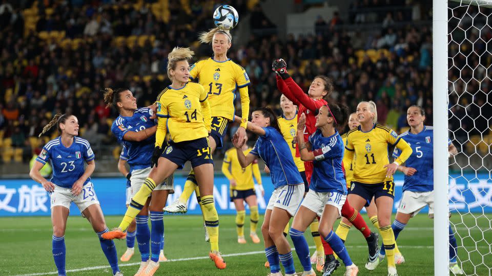 Amanda Ilestedt heads home to open the scoring. - Catherine Ivill/Getty Images