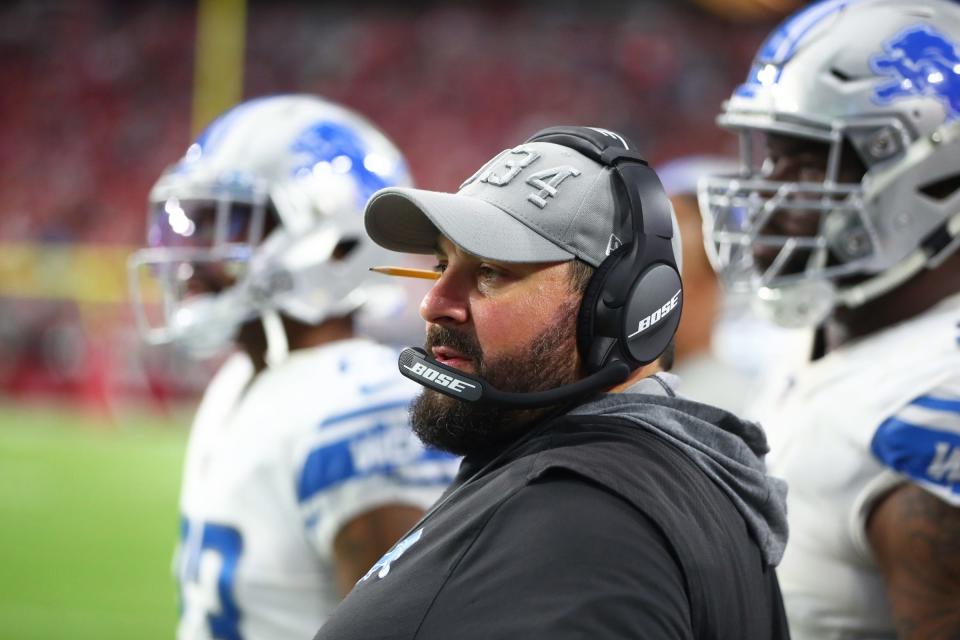 Detroit Lions head coach Matt Patricia watches action against the Arizona Cardinals, Sept. 8, 2019 in Glendale, Ariz.