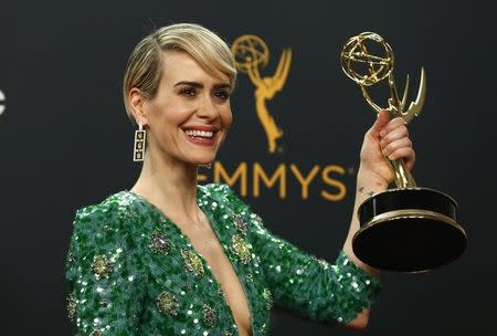 Sarah Paulson poses backstage with her award for Outstanding Lead Actress In A Limited Series Or Movie for "The People v. O.J. Simpson: American Crime Story" at the 68th Primetime Emmy Awards in Los Angeles, California U.S., September 18, 2016. REUTERS/Mario Anzuoni