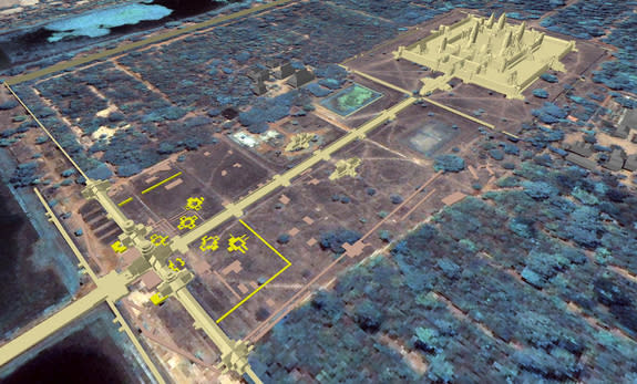 Another find reported in Antiquity is the discovery of the remains of eight towers near the western gateway of Angkor Wat. The location of the tower remains can be seen in this image. Some of the towers appear to form square patterns and may ha