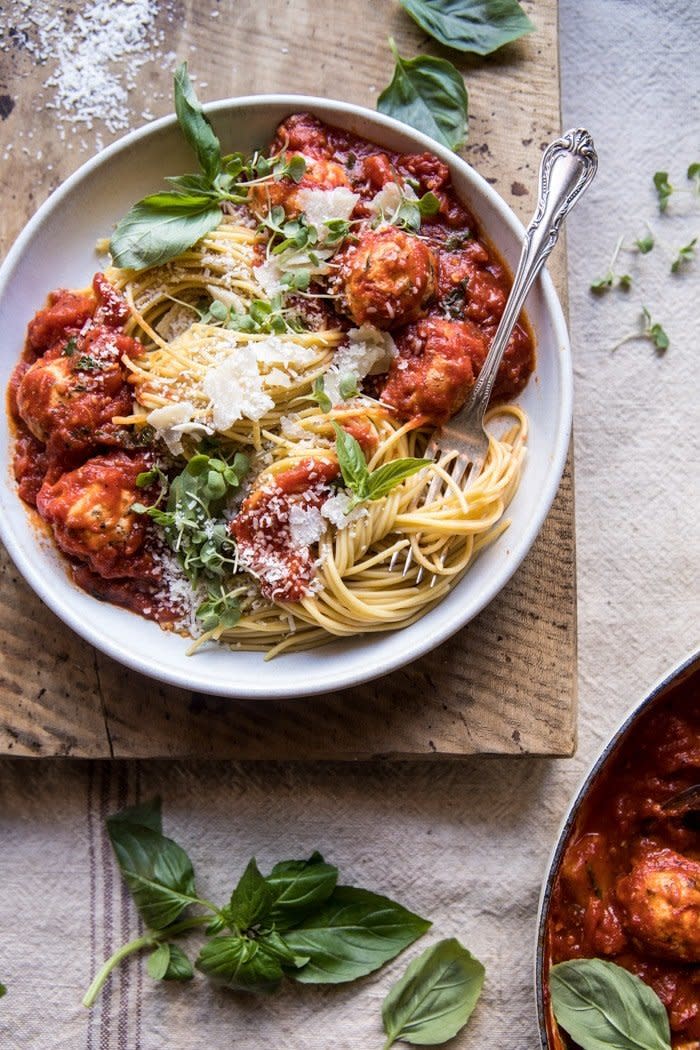 <strong>Get the <a href="https://www.halfbakedharvest.com/sun-dried-tomato-and-ricotta-turkey-meatballs/?highlight=Sun-Dried+Tomato+And+Ricotta+Turkey+Meatballs" target="_blank">Sun-Dried Tomato And Ricotta Turkey Meatballs</a>&nbsp;recipe from Half Baked Harvest</strong>