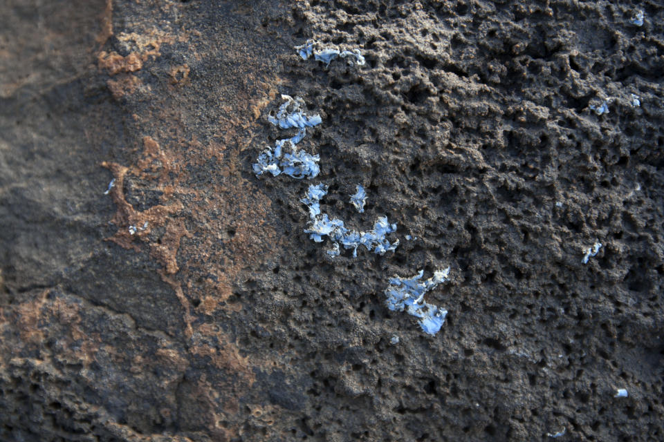 In this photo provided by MARE and taken on Friday, June 21, 2019, 'plasticrusts' are see on the surface of rocks in Madeira island. Researchers say they may have identified a new kind of plastic pollution in the sea, and they're calling it "plasticrust." Scientists working on Madeira, a volcanic Portuguese island off northwest Africa, have found small patches of what look like melted plastic encrusted on rocks along the shoreline. (Ignacio Gestoso Garcia/MARE via AP)
